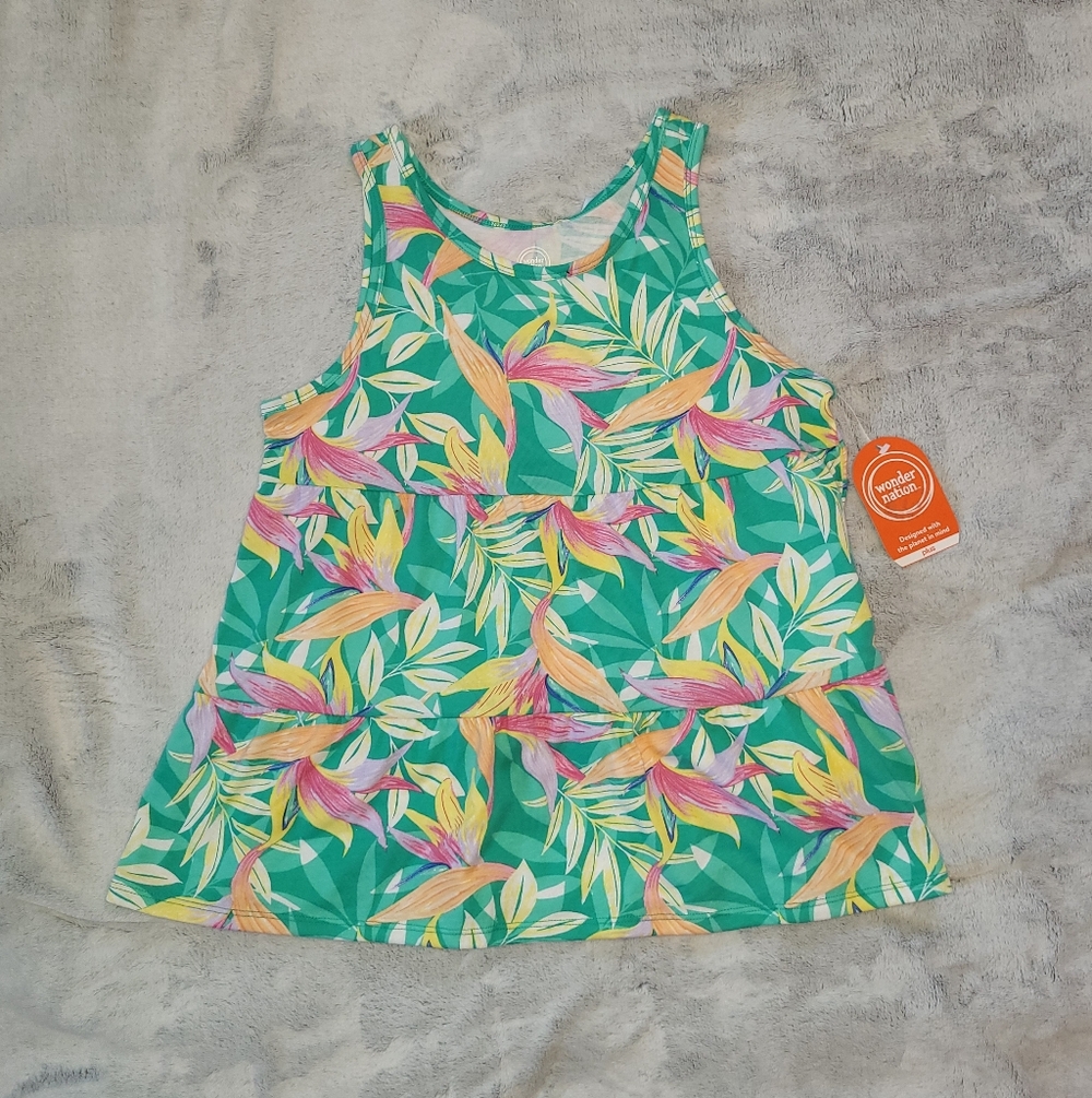 Wonder Nation Girl Large 10-12 Green Leaf Tropical Floral Tiered Swing Tank Top